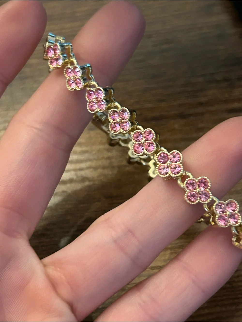 Gold Tone Pink Crystal Flower Link Bracelet - Women's Jewelry